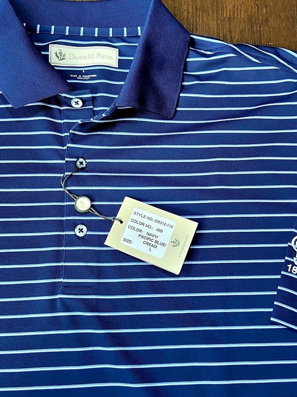 Donald Ross DRI-SPORT Polo Shirt Mens L Navy Blue Cream Striped Stretch Golf NWT